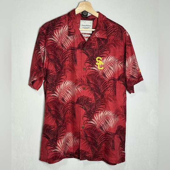 Tommy Bahama USC Trojans Silk Camp Shirt Mens Medium Red Tropical Palm Frond SC